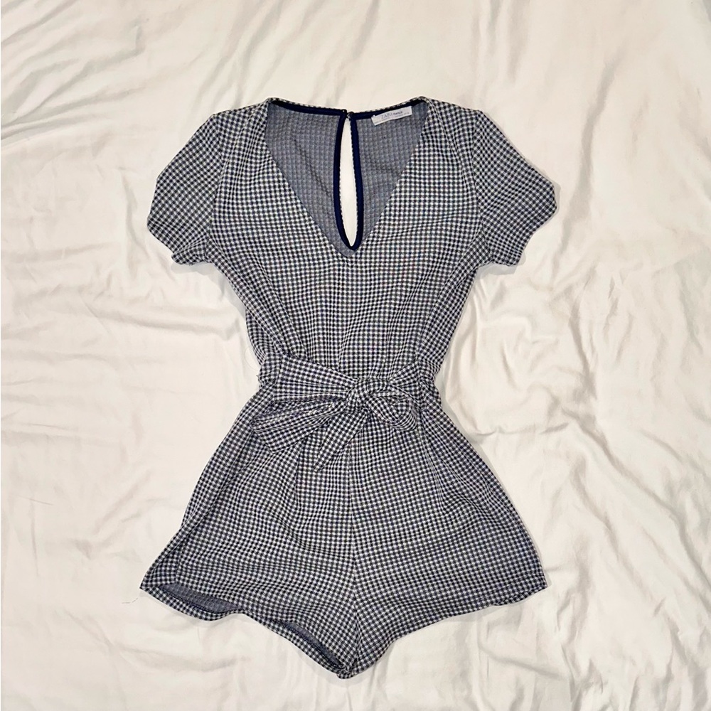 ZARA blue and white checkered romper with waist tie.